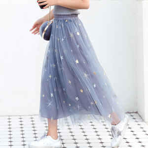 星星纱裙半身裙女2018春夏季新款韩版高腰网纱中长款刺绣a字裙子半身裙
