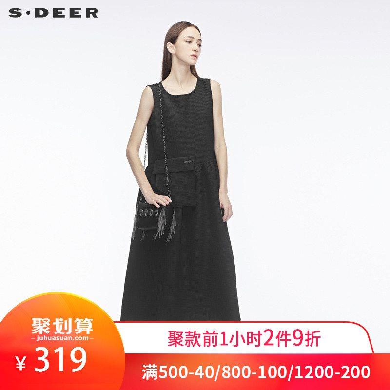 sdeer圣迪奥个性贴袋装饰腰部碎褶造型时尚圆领连衣裙S18381237