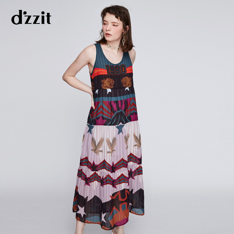 dzzit地素 春夏装新款印花吊带多节长款雪纺连衣裙女3F2O2206A