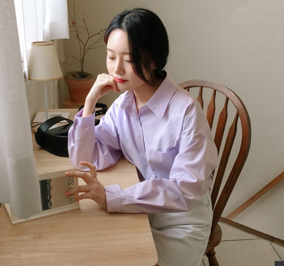 甜酒家 韩国官网正品代购mixxmix纯色翻领百搭长袖衬衫3.5