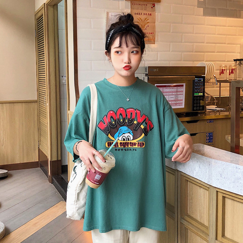 真维斯官网正品中长款宽松bf学生T恤女2019夏季新款韩版卡通趣味