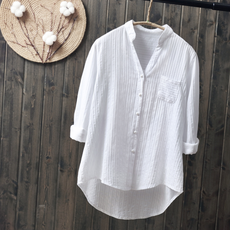春装纯棉白衬衫长袖女式休闲衬衣新款清新纯色V领打底衫卷袖上衣