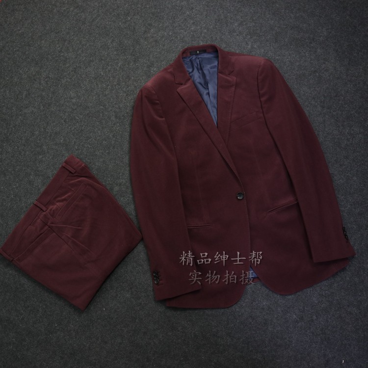 蓝豹套装西服 时尚超修身暗红色灯芯绒款男士款 小尺码