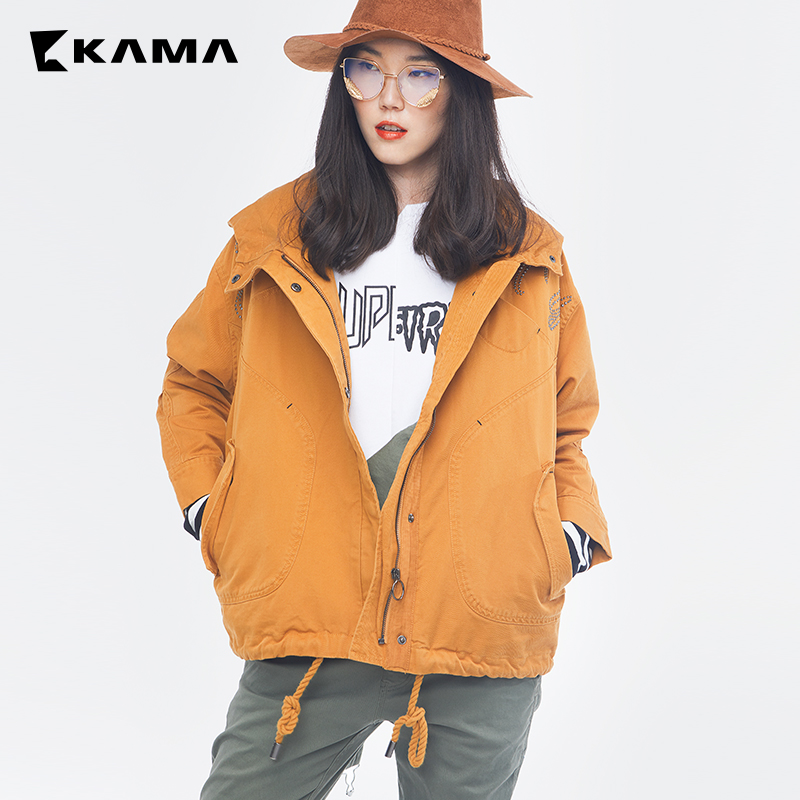 KAMA女装 卡玛秋季立领连帽休闲外套风衣弧形下摆上衣服装7317765