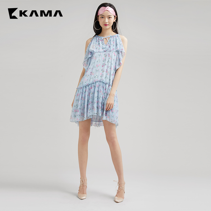 KAMA女士卡玛休闲时尚吊带飘逸女裙露肩印花吊带连衣裙  7218156