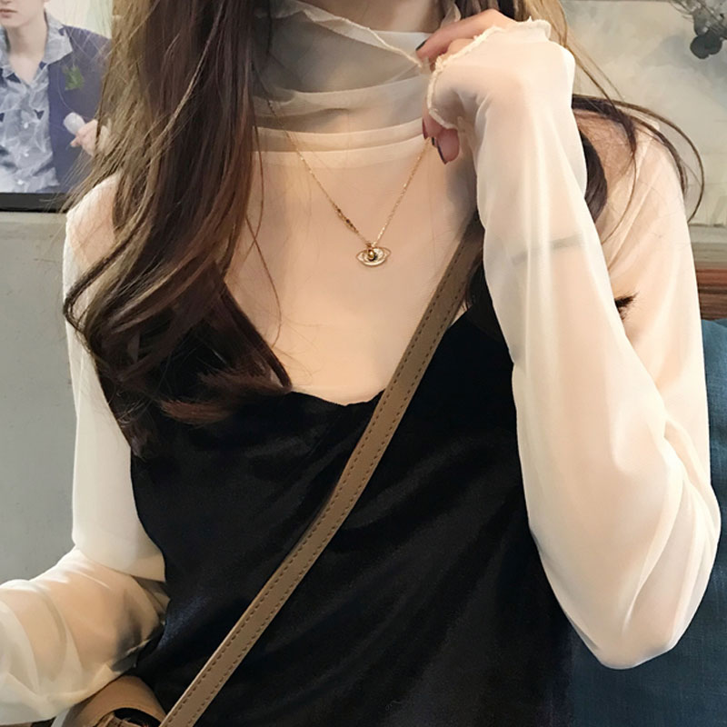 2019春装新款韩国高领针织网纱内搭小衫女薄款长袖蕾丝打底衫上衣