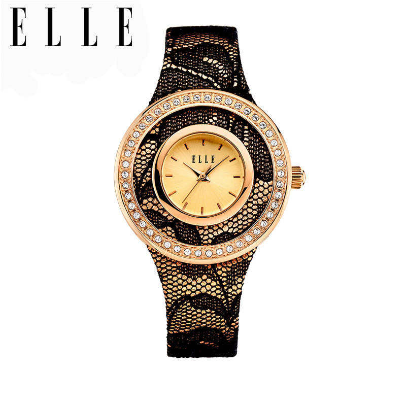 ELLE新款时尚潮流性感蕾丝牛皮女表镶钻女士流行奢华水钻石英手表