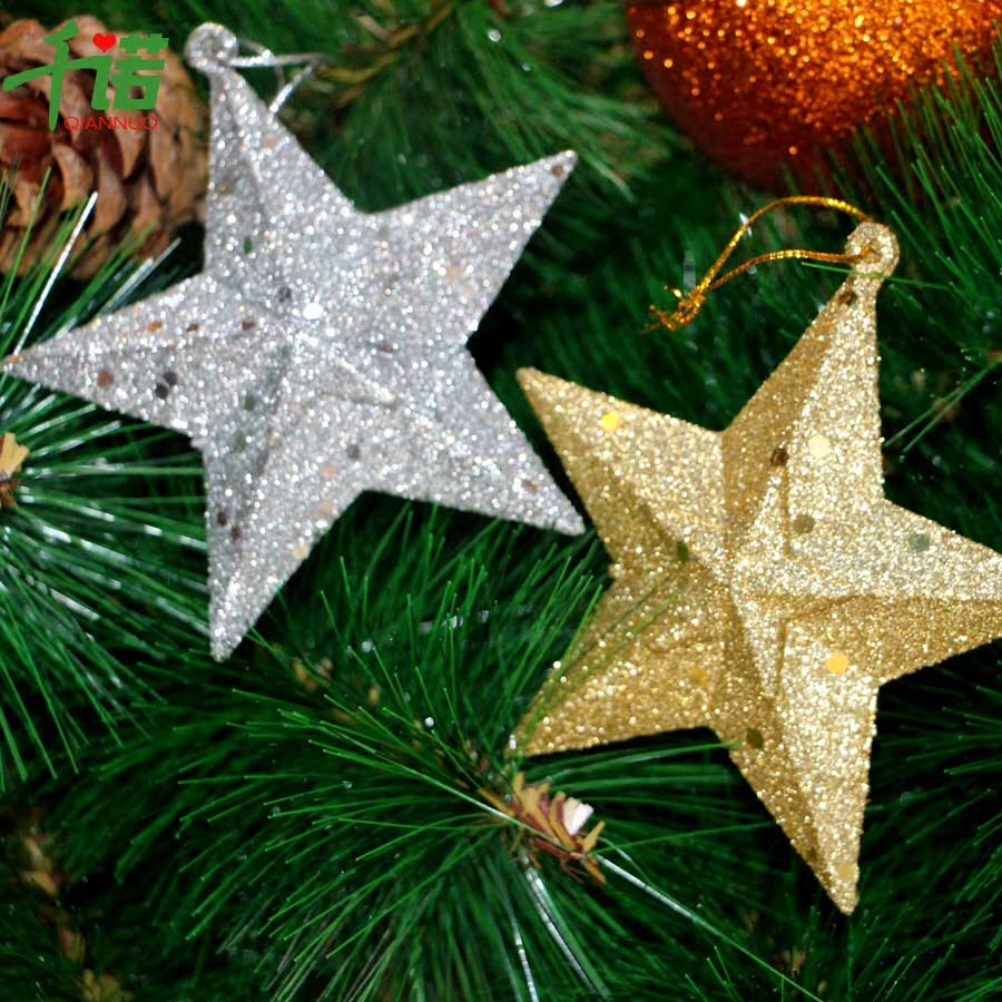 千诺圣诞装饰品圣诞树星星挂饰银色立体星星10cm闪粉小星星挂件