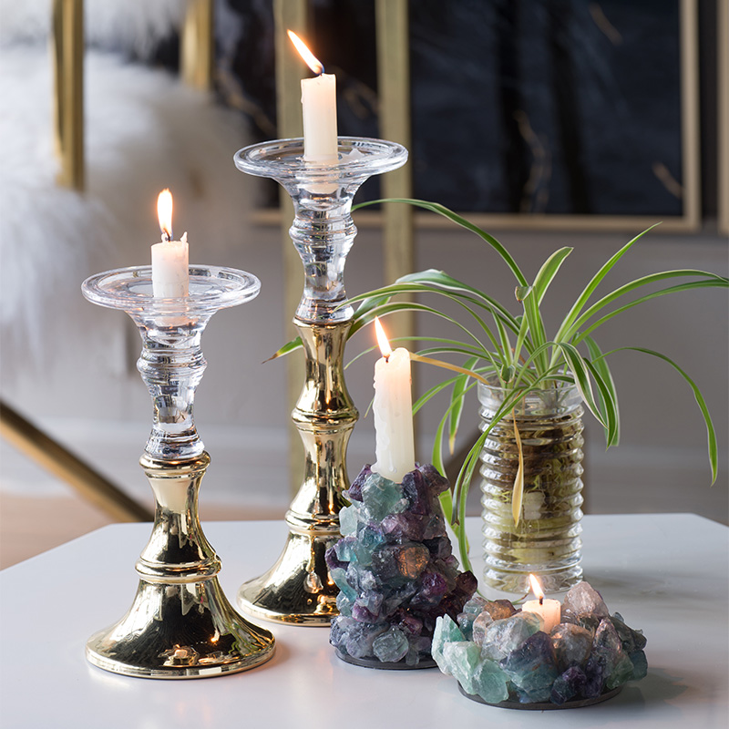 奇居良品 欧式金色玻璃台面装饰摆件烛光晚餐道具摆设蜡烛烛台