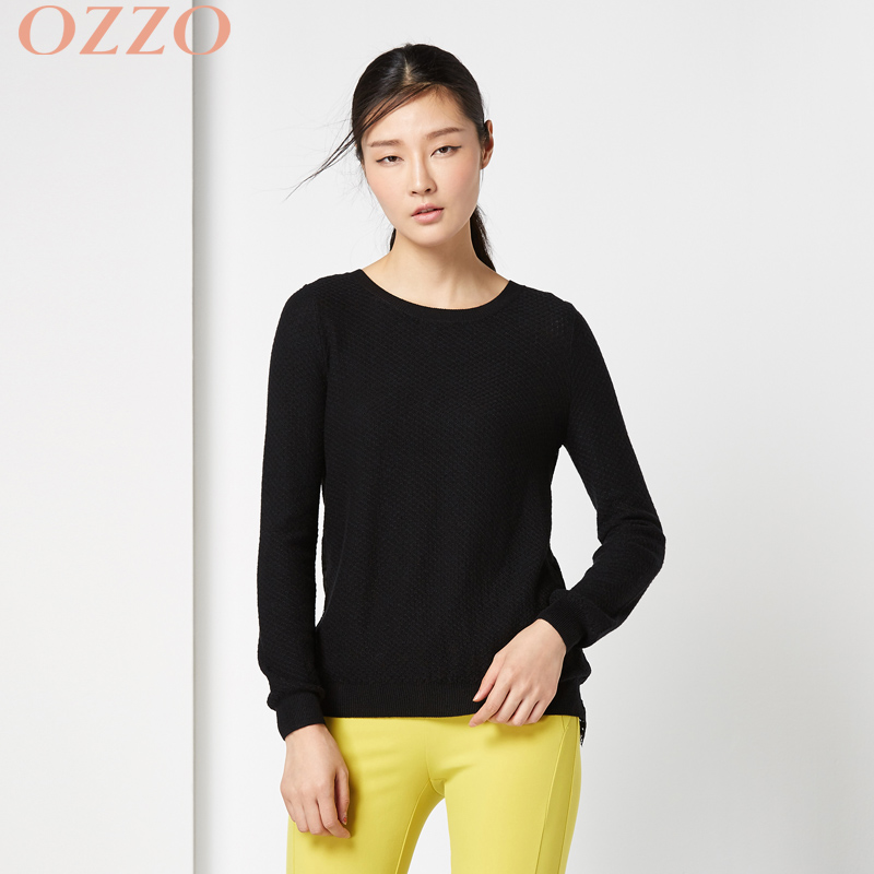 OZZO/欧尼迩春季圆领蕾丝边针织衫套头女 百搭 纯色简约宽松毛衫