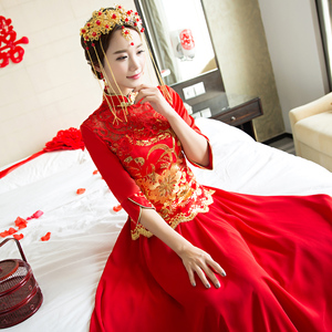 2017新款春夏季中式婚纱礼服新娘敬酒服旗袍长款结婚显瘦秀禾服女中式婚纱