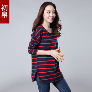 加大码女装胖mm秋装上衣宽松中长款打底衫韩版体恤条纹长袖T恤女杨桃
