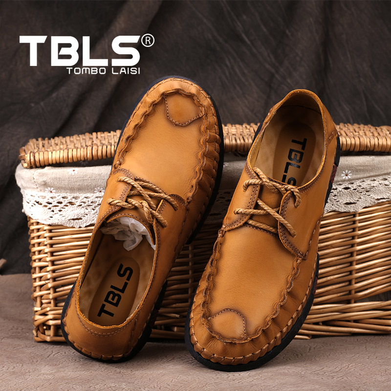 TBLS/汤铂莱斯2017春季男士皮鞋休闲鞋头层皮缝线手工鞋个性男鞋