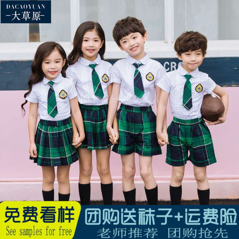 童装2019新款韩版短袖衬衫裙子套装小学生校服英伦幼儿园园服夏装