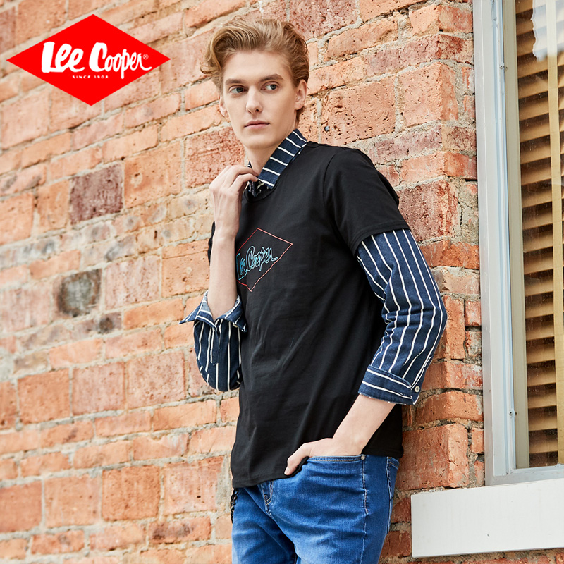 Lee Cooper夏季短袖T恤男韩版潮流半袖黑色圆领打底体恤青年上衣