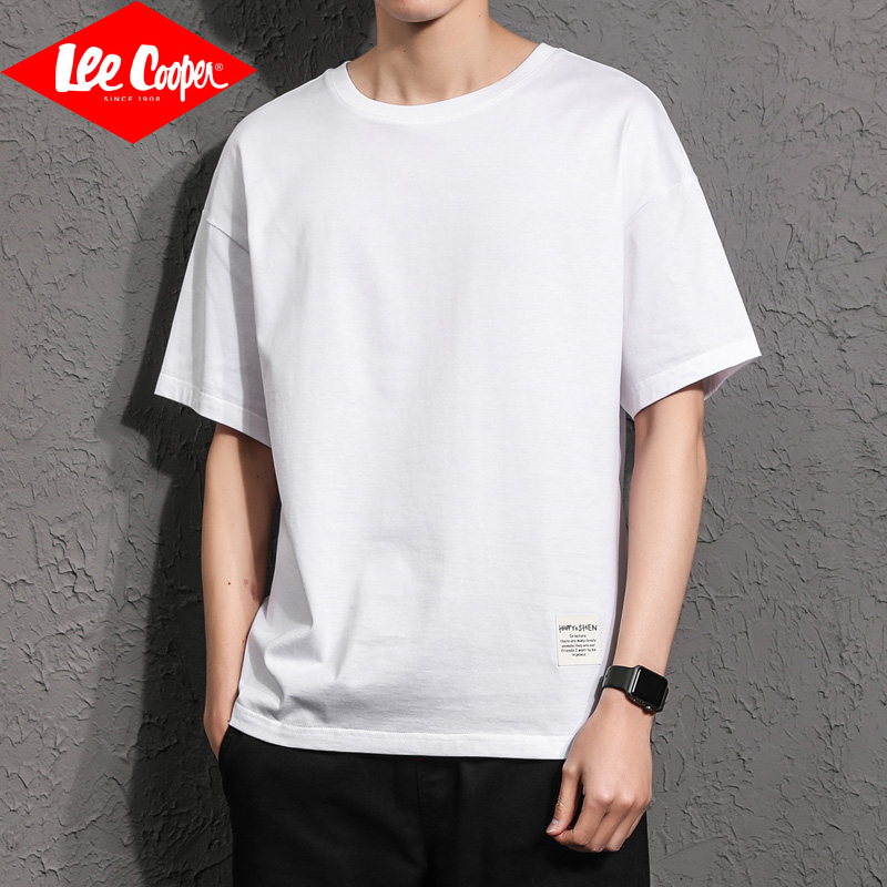 Lee Cooper夏季短袖T恤男圆领韩版潮流半袖纯棉体恤白色男士上衣