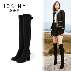 卓诗尼2018冬季新款绒面粗高跟尖头蝴蝶结过膝长靴瘦瘦靴女 span