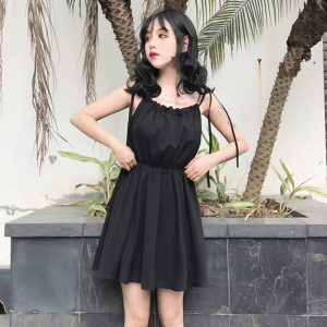 夏装女装韩版中长款高腰显瘦吊带裙一字领露肩无袖连衣裙小黑裙潮连身裙