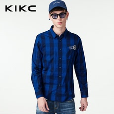 kikc衬衫男2018春季新款蓝色格子韩版背后字母印花时尚长袖上衣男