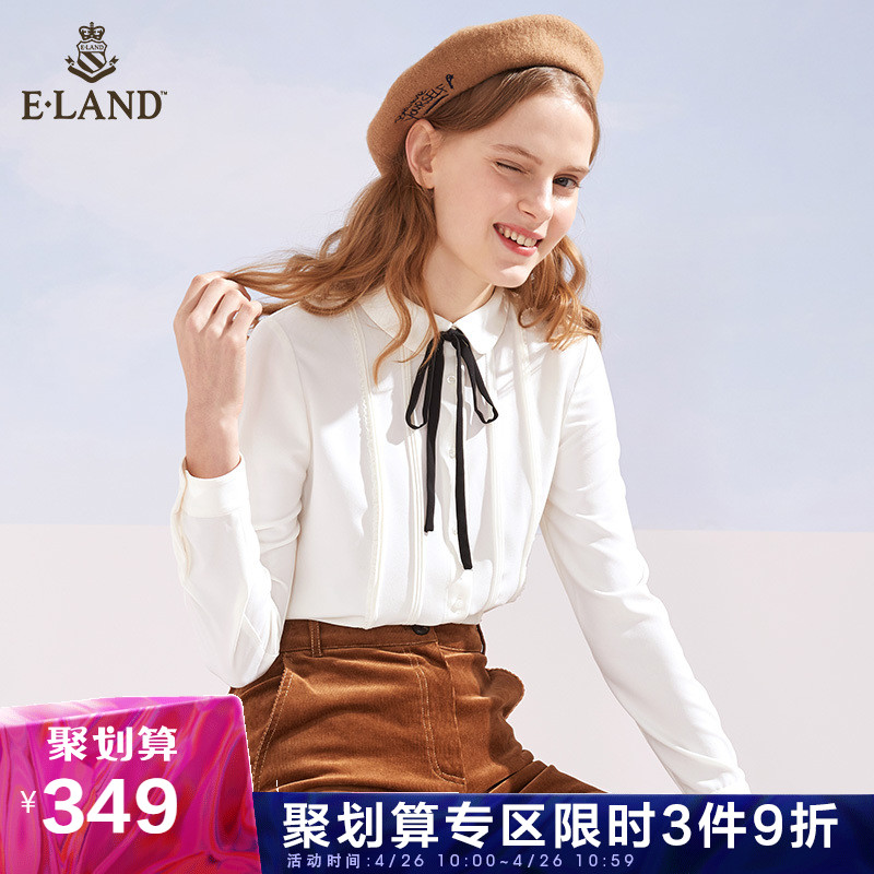 ELAND衬衫衬衣女长袖2019春季新款系带仙女纯白雪纺EEBW911H1M