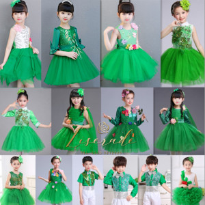 class=h>蓬蓬裙 /span>长袖表演服女童礼服公主纱裙幼儿舞蹈合唱绿色