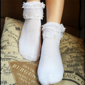 日系软妹lolita短袜蕾丝花边珍珠白色袜子jk制服少女学生中筒袜女