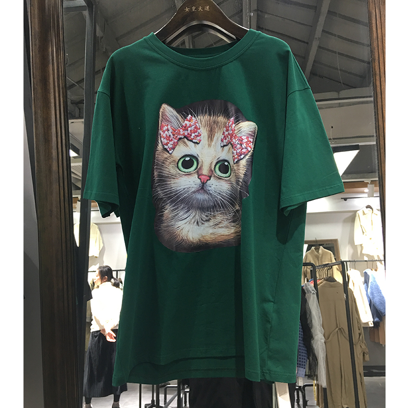 2019夏季女短袖小猫头像印花圆领宽松显瘦百搭中长款T恤上衣
