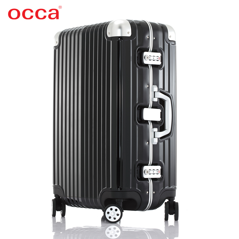 OCCA新款纯PC旅行箱男潮流拉杆箱 女25寸万向轮行李箱黑色箱子
