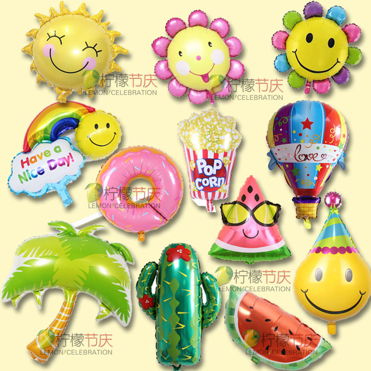 仙人掌瓜甜甜圈热气球爆米花椰子树向日葵花彩虹太阳铝膜造型气球