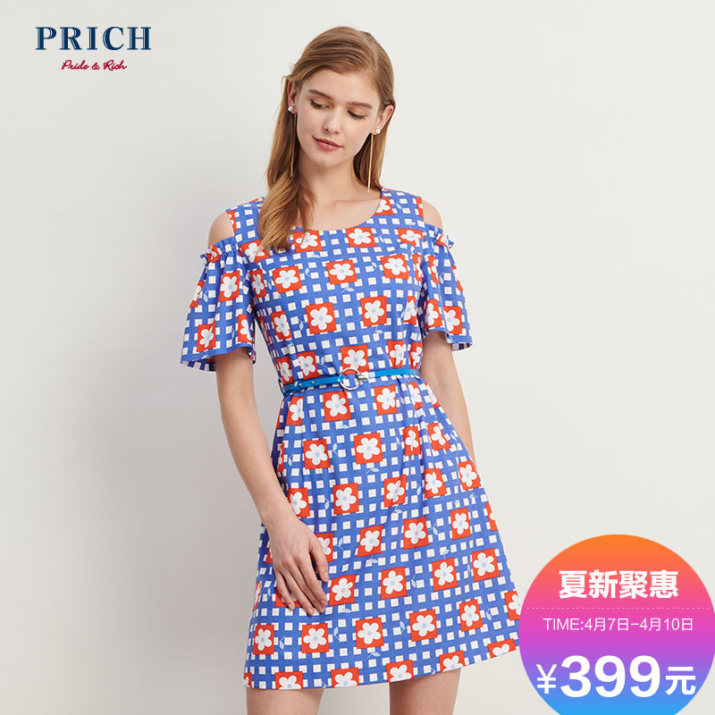 PRICH女装 2018夏季新款时尚潮流休闲印花收腰连衣裙PROW82510C