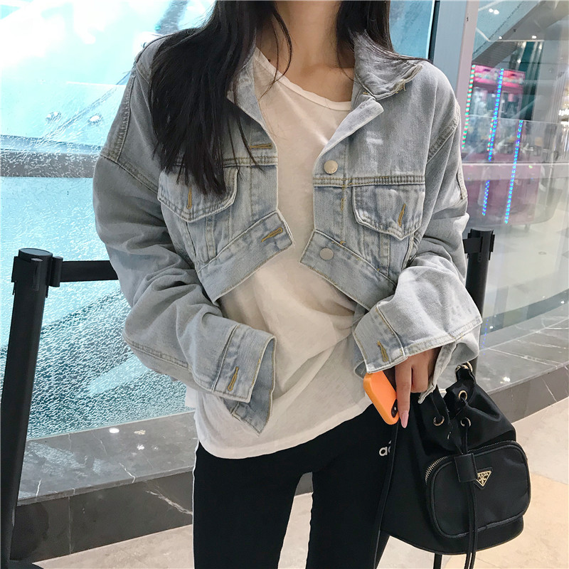2019春季女韩风Chic宽松长袖牛仔短款外套女个性前短后长休闲上衣