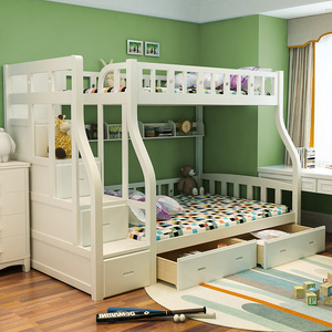 儿童高低床 榉木子母床上下铺床全实木白色亲子床1.5米双层床家具