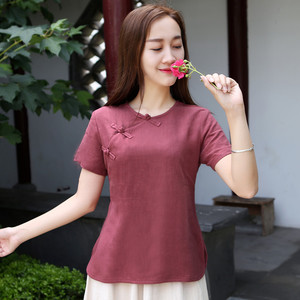 复古盘扣上衣棉麻改良旗袍短袖唐装女夏茶服中国风中式衬衫斜襟唐装