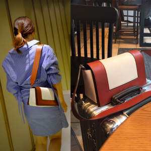 2018新款frame撞色真皮女包简约拼色宽肩带时尚单肩斜挎小方包女包