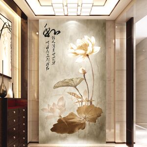 新中式水墨写意荷花背景墙纸酒店别墅玄关走廊过道中国风壁纸