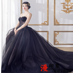 新款影楼主题婚纱情侣写真服装舞台摄影拍照复古印花黑色婚纱礼服婚纱