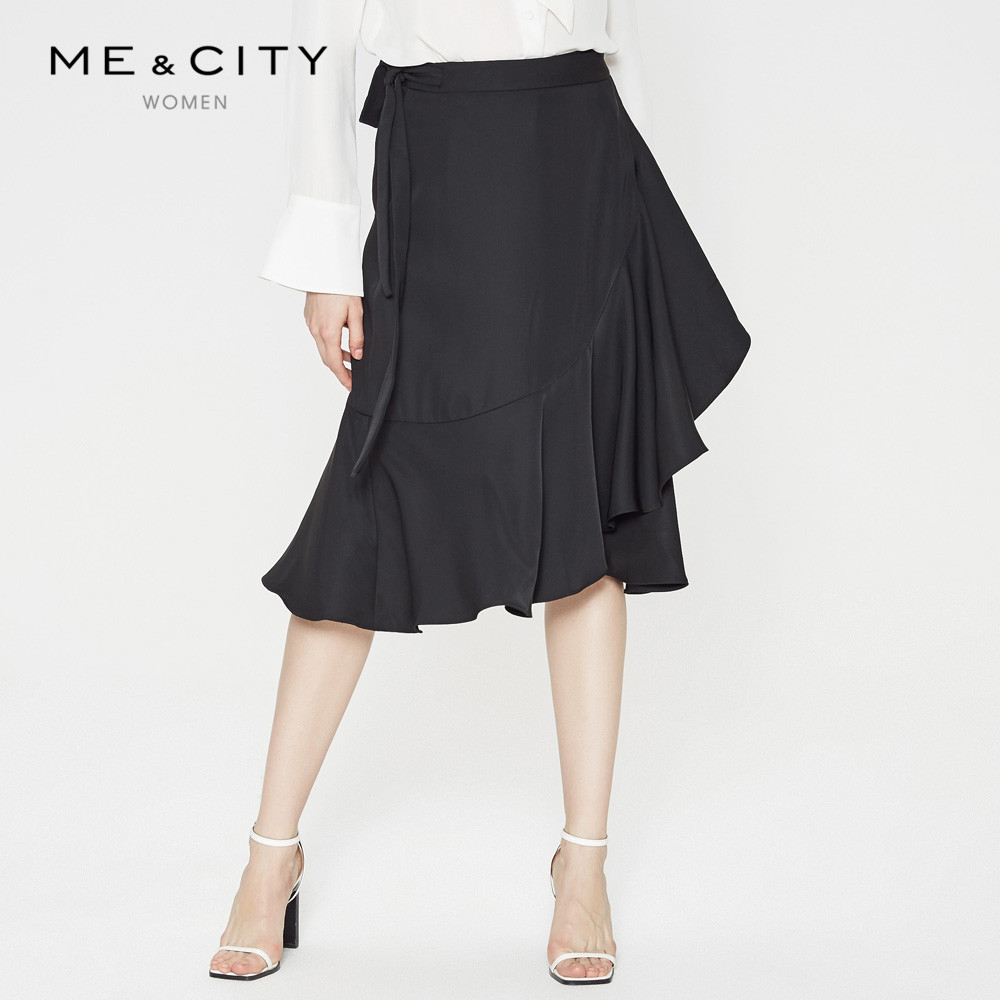 MECITY女装新款荷叶边气质黑色中长款半身裙