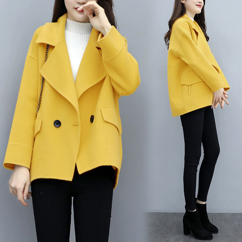 黄色毛呢外套女韩版2019新款春季流行小个子短款呢子大衣宽松显瘦