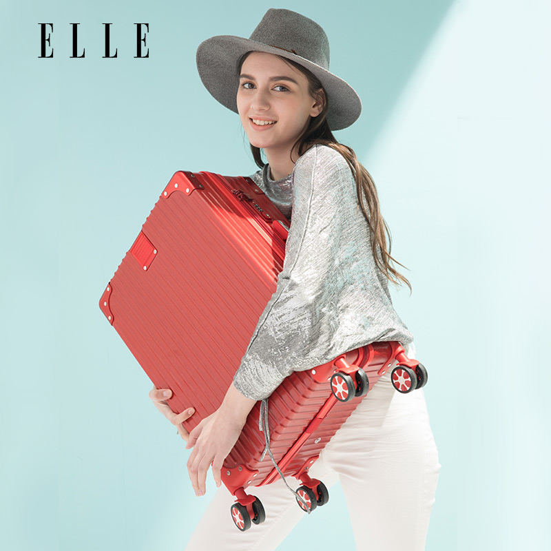 ELLE红色拉杆箱女24寸旅行箱铝框行李箱20寸登机密码箱红色拉链款