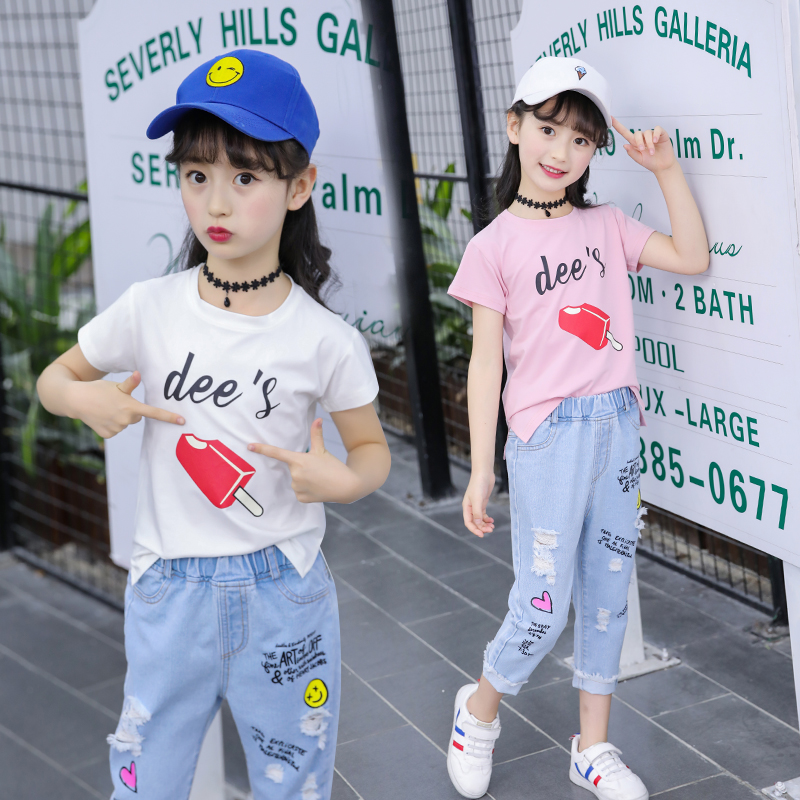 女童夏装套装2019新款儿童装洋气韩版牛仔短裤短袖中大童女装时髦