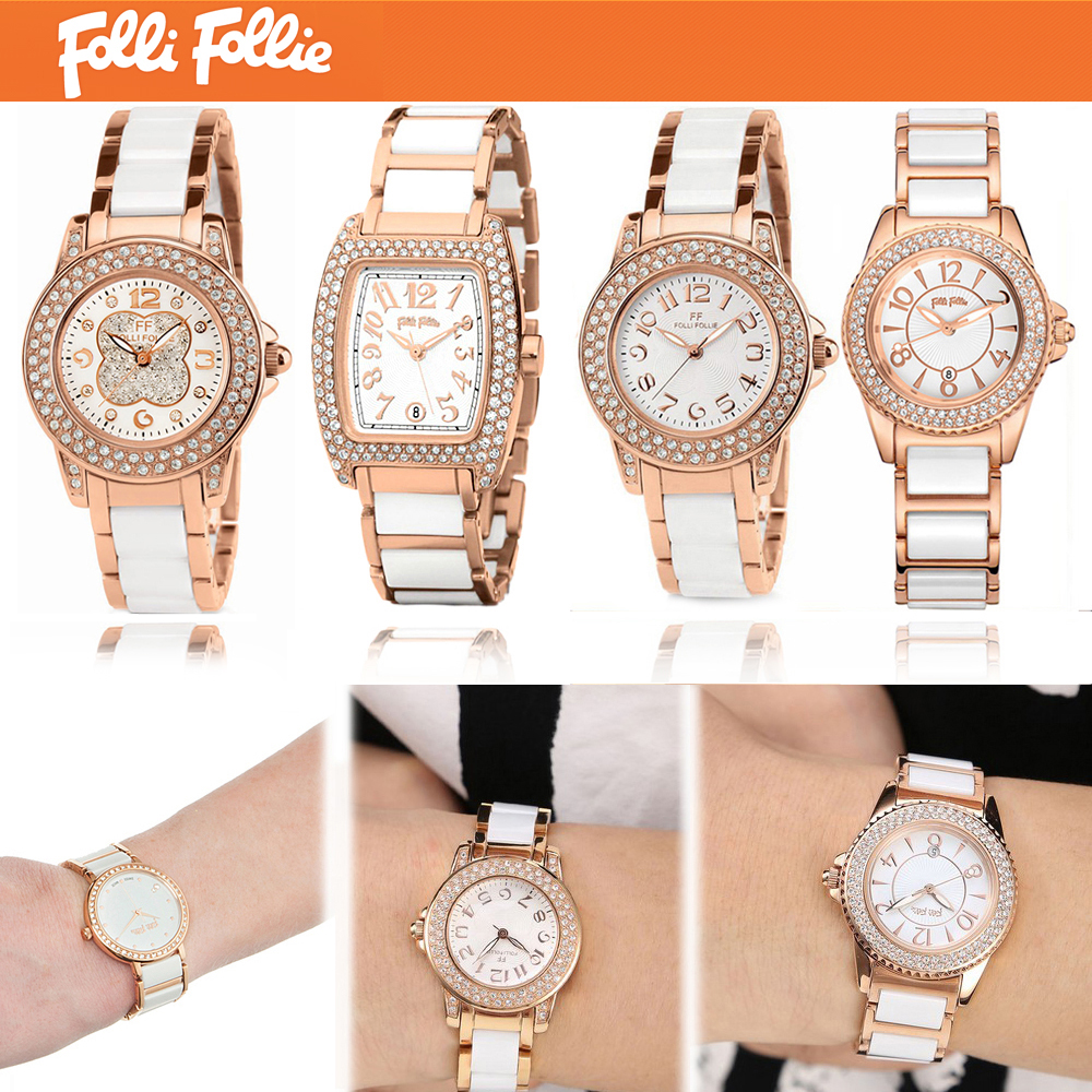 现货FolliFollie芙丽手表时尚镶钻玫瑰金陶瓷表女表WF9B020BP包邮