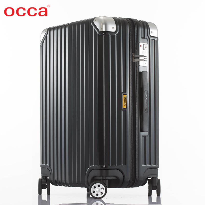 OCCA新款纯PC拉链箱男铝合金包角拉杆箱女万向轮行李箱黑色箱子