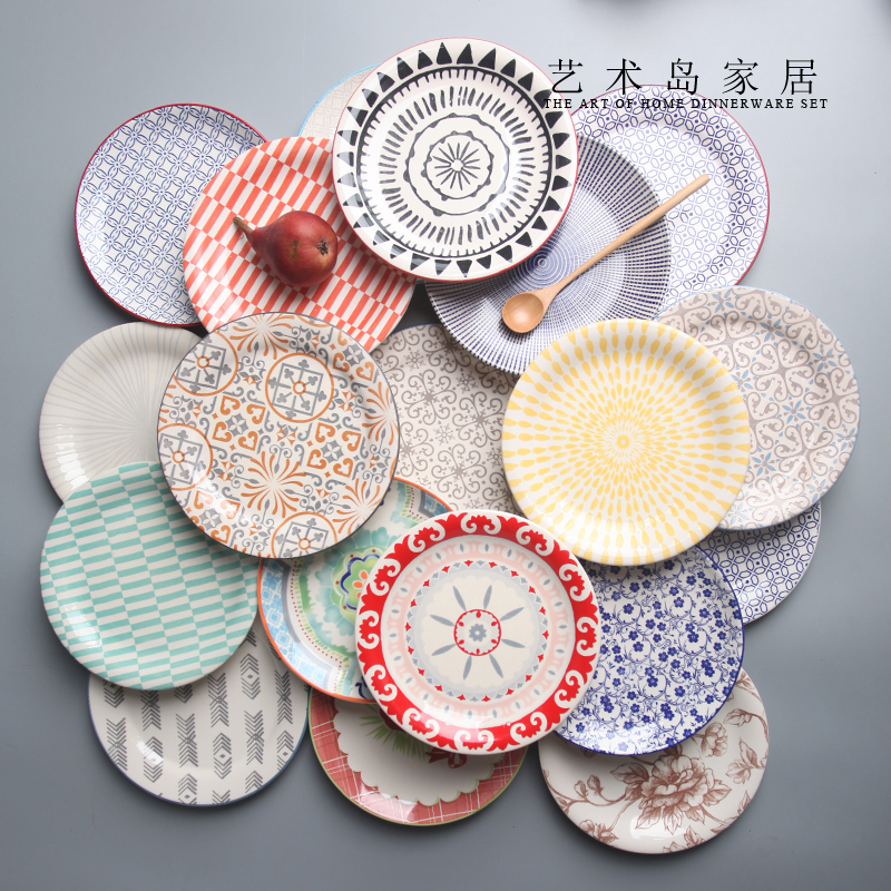 手绘日式陶瓷盘子创意花卉盘子点心盘家用菜盘平盘子7.5寸蛋糕盘