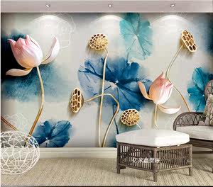 彩绘荷花背景墙图片