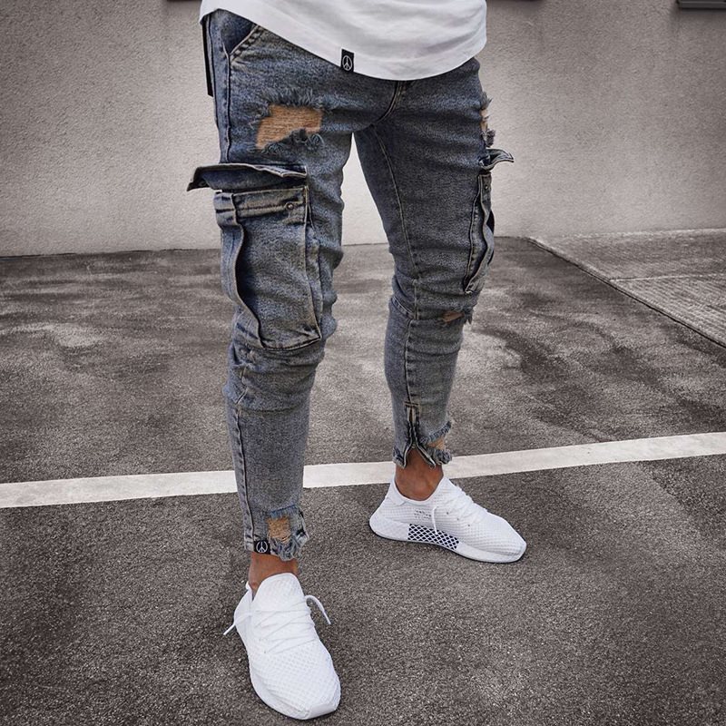 Men big pocket denim trousers fashion ripped jeans 男牛仔裤
