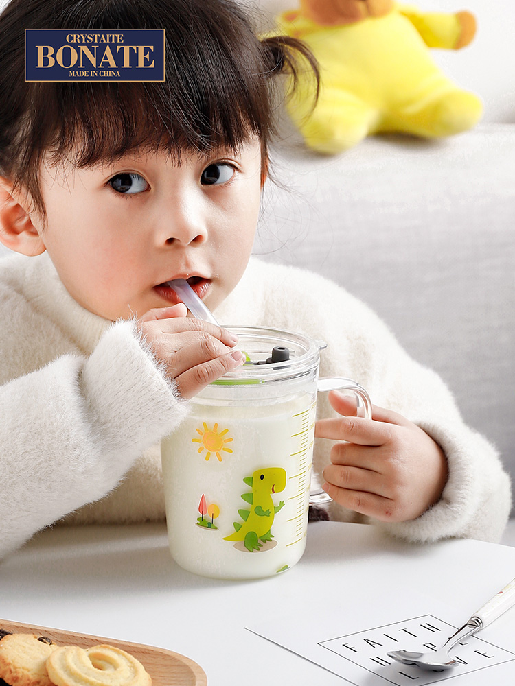 伯纳特家用儿童牛奶杯刻度吸管杯水杯燕麦早餐杯带手柄耐热玻璃杯