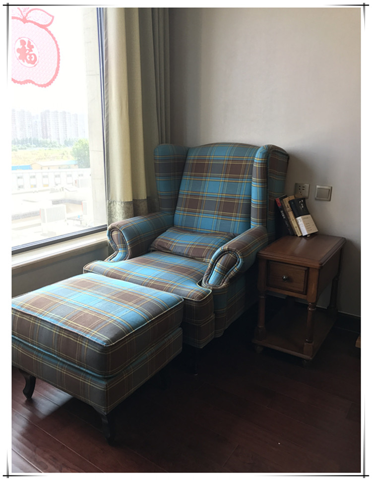 无折扣小户型实木家具沙发美式乡村老虎椅高背椅蓝格子休闲椅北京