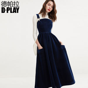 DPLAY2018春新品欧美藏青色灯芯绒抹胸背带裙收腰时尚半身裙长裙背带裙