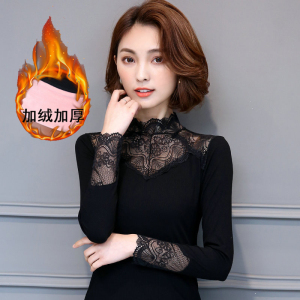 秋冬新款半高领蕾丝打底衫女长袖韩版修身百搭保暖上衣服加厚加绒打底衫蕾丝