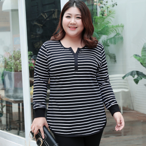 大码女装条纹长袖T恤胖mm春秋中长款宽松显瘦200斤加绒打底衫上衣毕业证书
